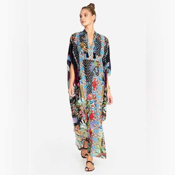 Johnny Was Dreamer Long Kaftan Maxi Dress Boho Floral Silk Blend Size L - Picture 2 of 10